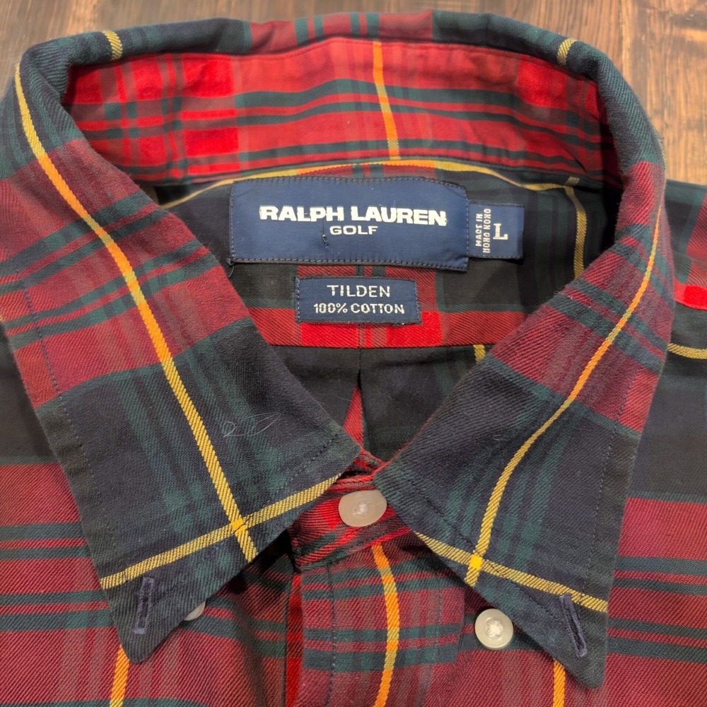 Vintage Polo Ralph Lauren Golf Tilden Plaid Long Sleeve Shirt Mens L Red Green - Picture 3 of 6